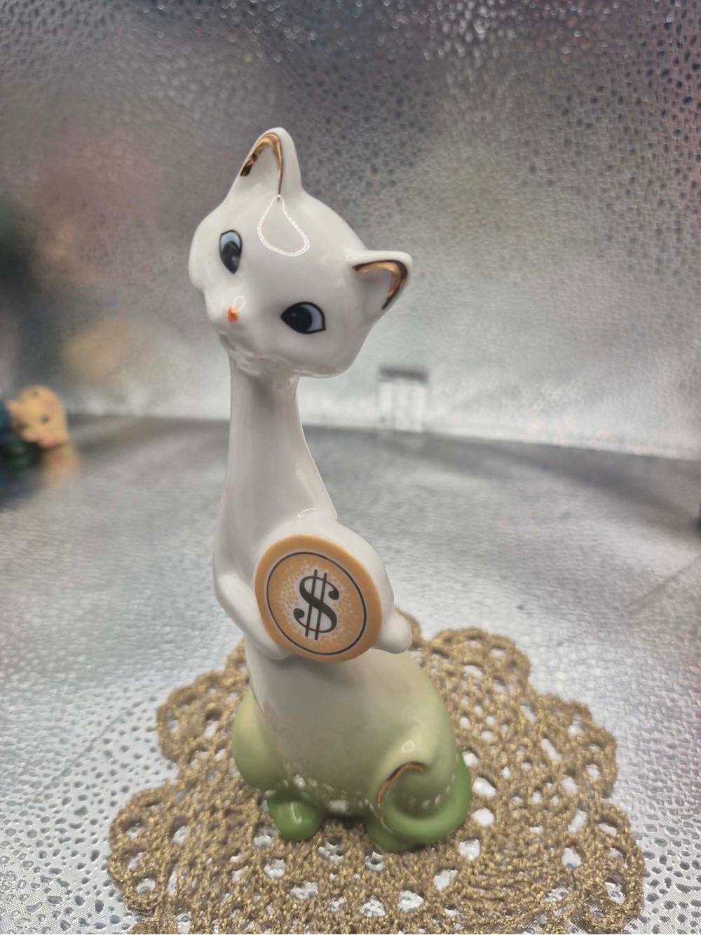 RARE MCM Long Neck Cat Vintage Figurine - Green White Ombré Money Coin ‘Wealth’
